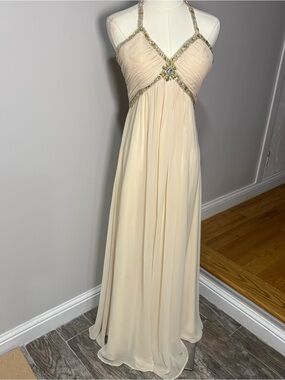 Cream Chiffon Crystal Beaded Racerback Dress Ruched Prom Wedding Bridesmaid Sz 4